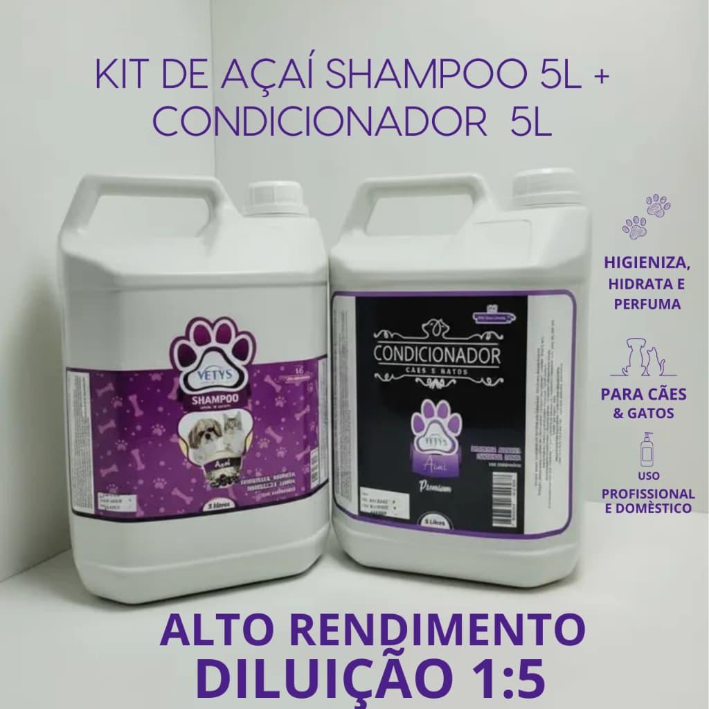 Shampoo e Condicionador para Cachorro - Banho e Tosa -  5 Litros Profissional - Açaí - Alto Rendimento - Pet Shop | 1:5