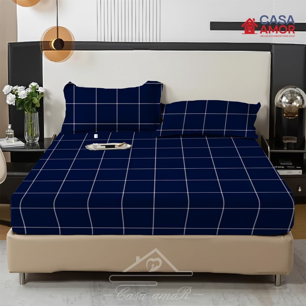 Jogo De Lençol Quadriculado Azul Escura 02/ 03 Peças SOLTEIRO/ CASAL/ QUEEN Percal