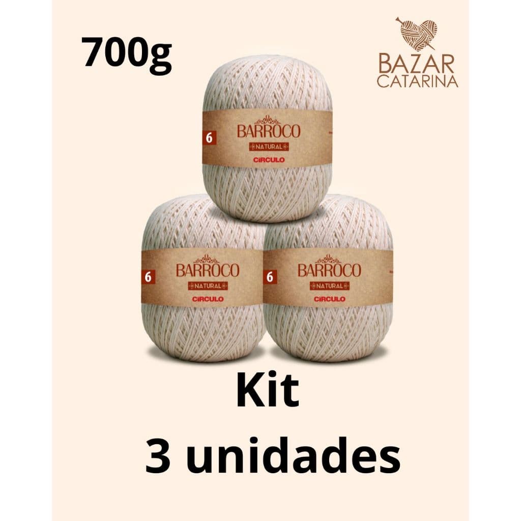 Fio Barbante Barroco Natural n 6 700g Kit com 3 unidades Círculo para croche