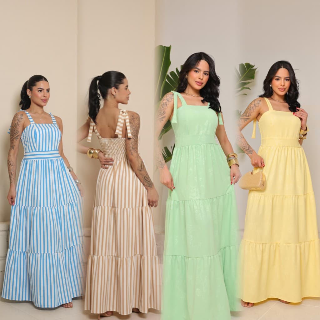 Vestido Feminino Listrado com amarração e bojo - Moda Feminina Verão 2025
