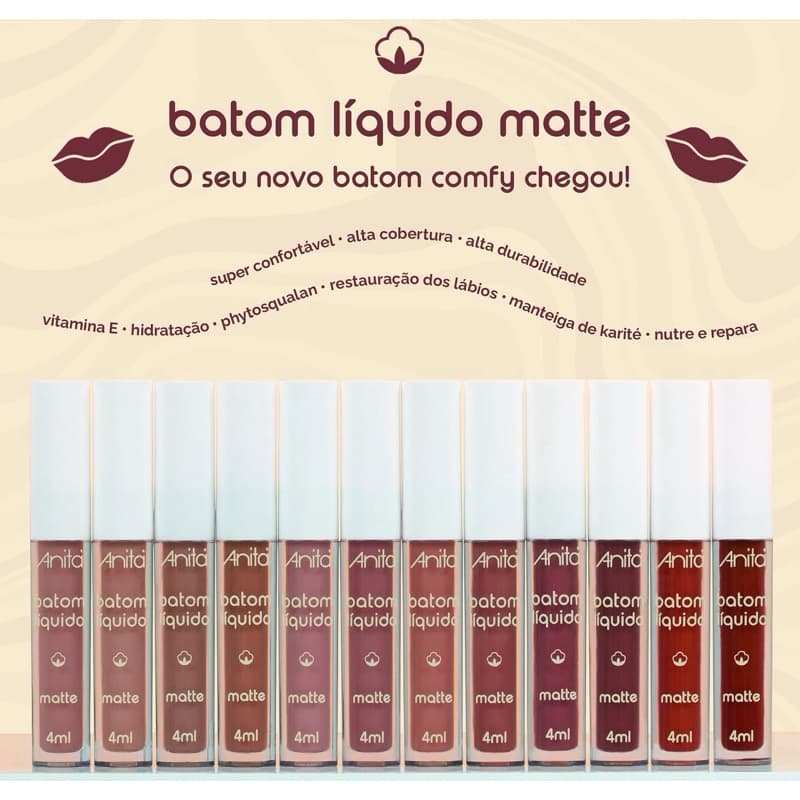 Batom Líquido Matte Comfy Confortável, longa Duração e Cobertura Anita 4ml