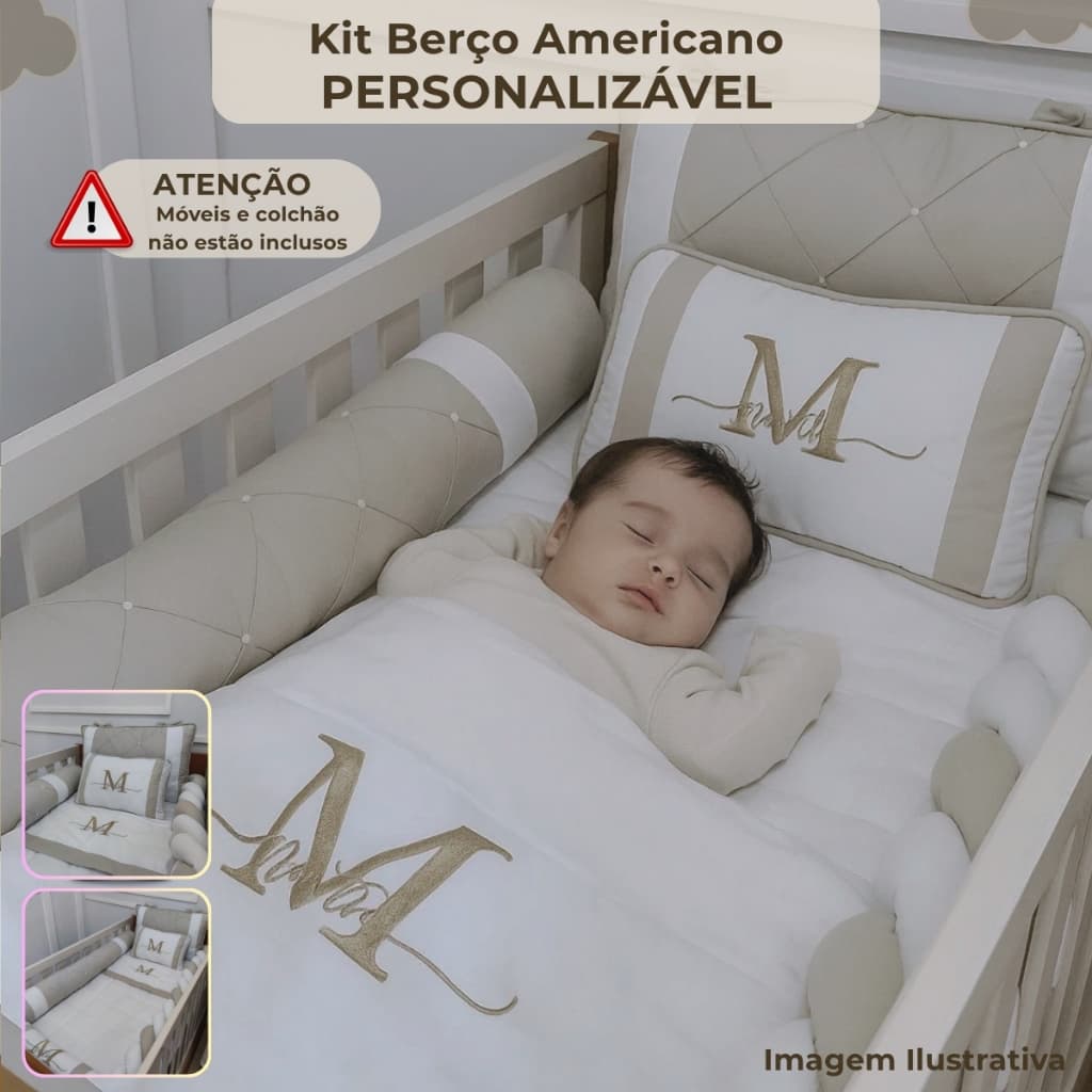 Kit Berço Americano Nervura Caqui Claro e Branco Personalize Nome Bebê Enxoval Completo