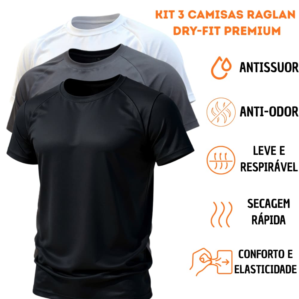 Kit 3 Camisetas Dry Fit Premium Raglan Masculina | Academia Fitness Treino Musculação Casual Respirável Leve