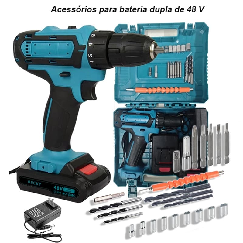 Kit Parafusadeira e Furadeira 48V/24V/12V 2 Baterias com Maleta e Acessórios Completo
