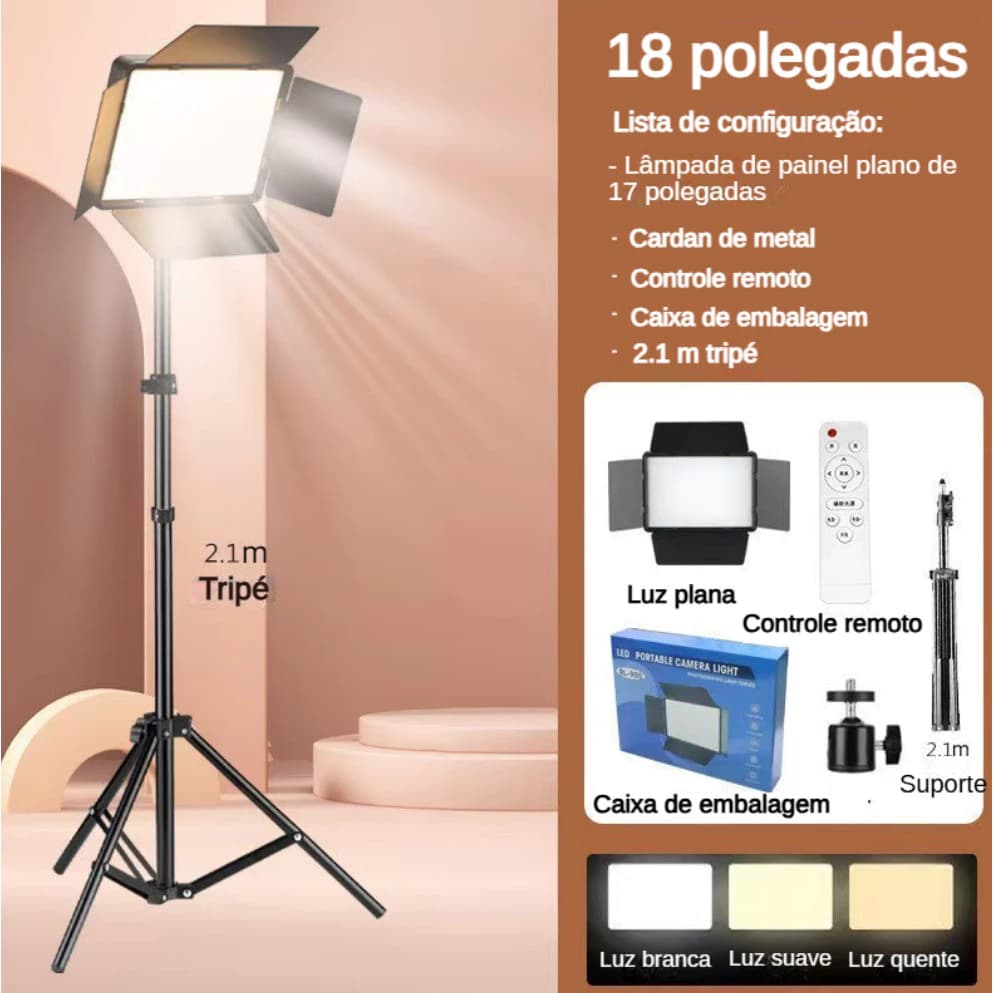 Luz LED Portátil para Câmera RL-900 com Tripé 2m- Perfeita para Lives, Fotografia e Estúdio!