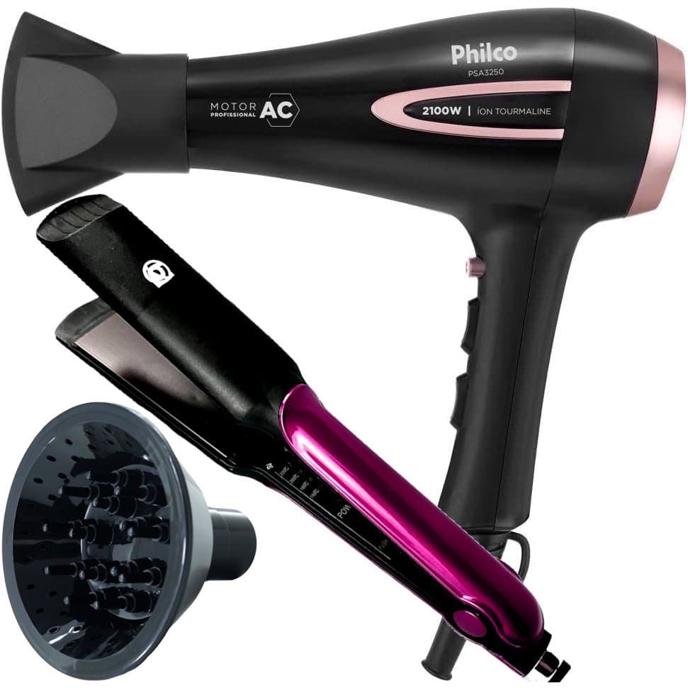 Secador de Cabelo Philco 2100w Ar quente Frio Profissional íons Tourmaline Difusor Prancha 230º BBG