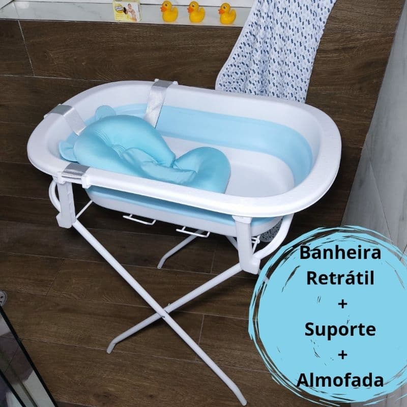 Banheira para Bebê Retrátil 33L+Suporte Dobrável+Almofada Flutuante ou Redinha, AZUL.