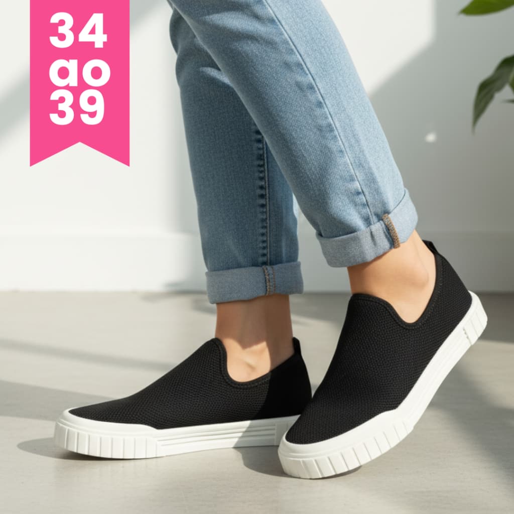 Tênis Casual Feminino Super Confortável Pratico Sapato Calce Fácil Preto Ideal para dia a dia 34/39