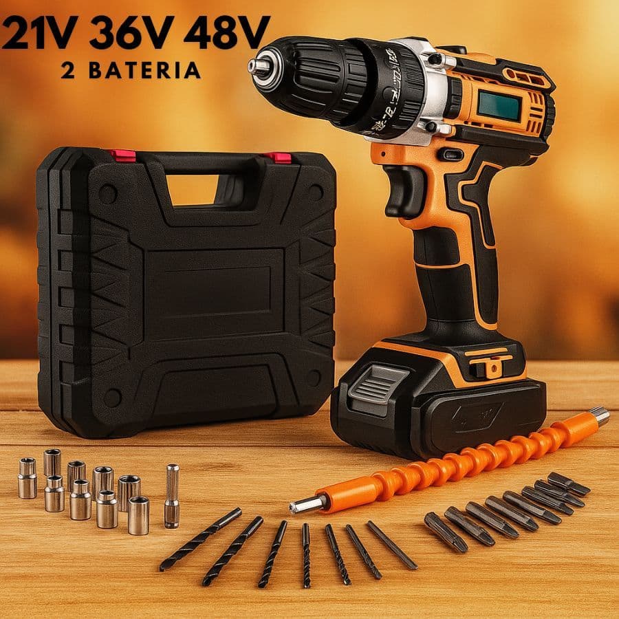 Parafusadeira Furadeira 21V 36V 48V Com furadeira de impacto 2 Baterias Com Maleta e Acessórios