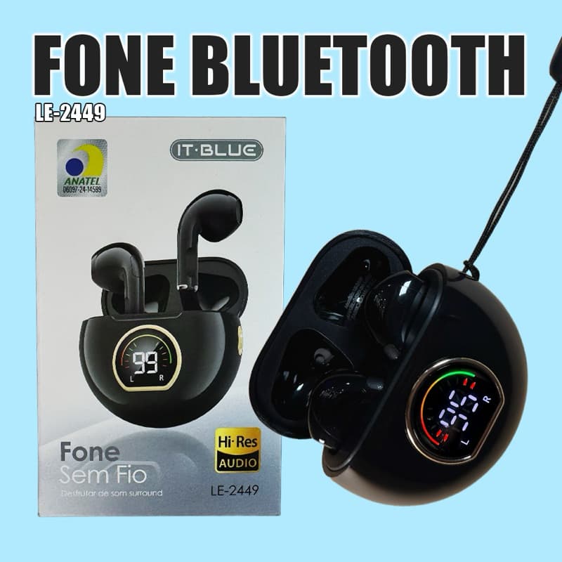 Fone Bluetooth 5.3 Sem Fio TWS Fone de Ouvido Display LED Digital Resistente a Agua IPX4 Microfone IT-BLUE LE-2449