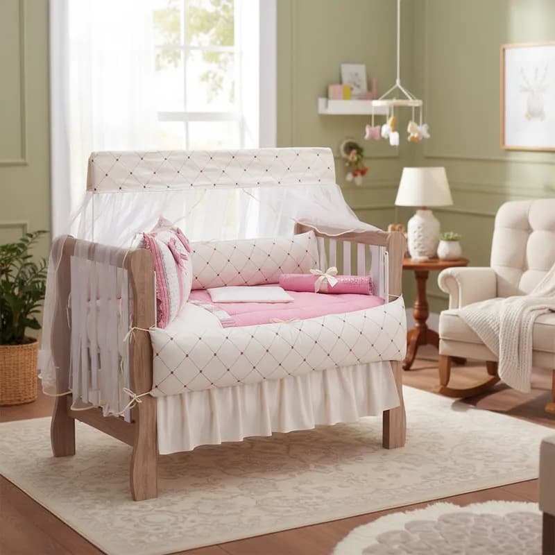 Kit Enxoval de Berço Americano Bordado 100% Algodão com Saia de Brinde para Quarto de Bebê Menina
