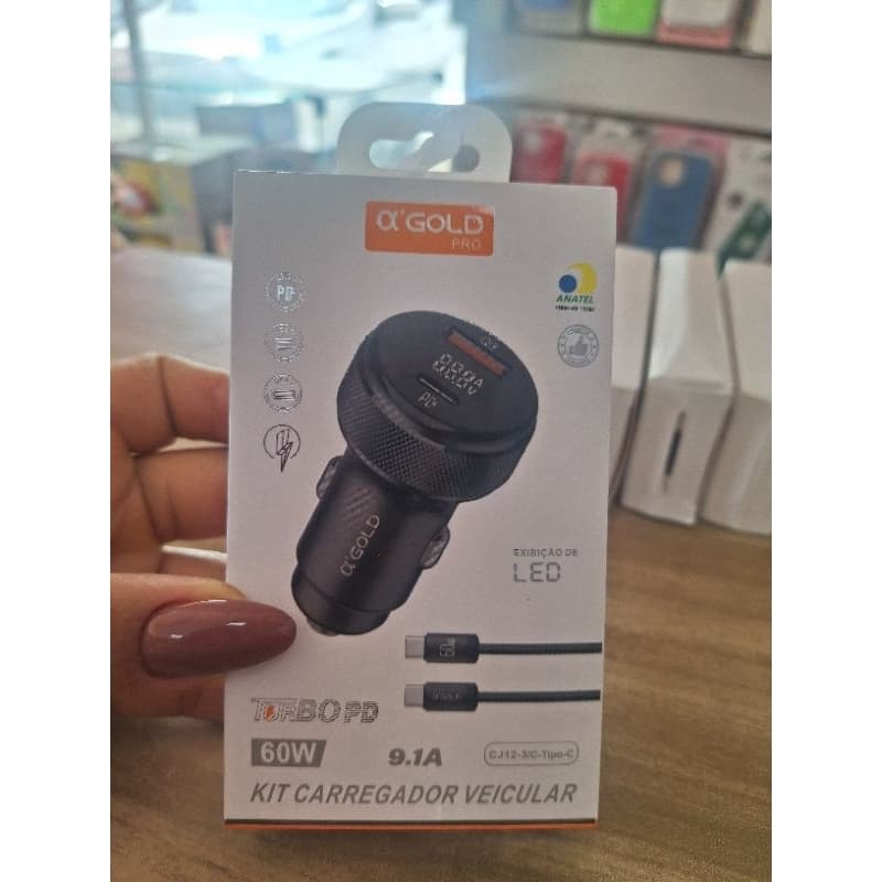 Carregador Veicular Turbo αGOLD PRO 60W 9.1A com Cabo Tipo-C | Carregamento Rápido com Display LED