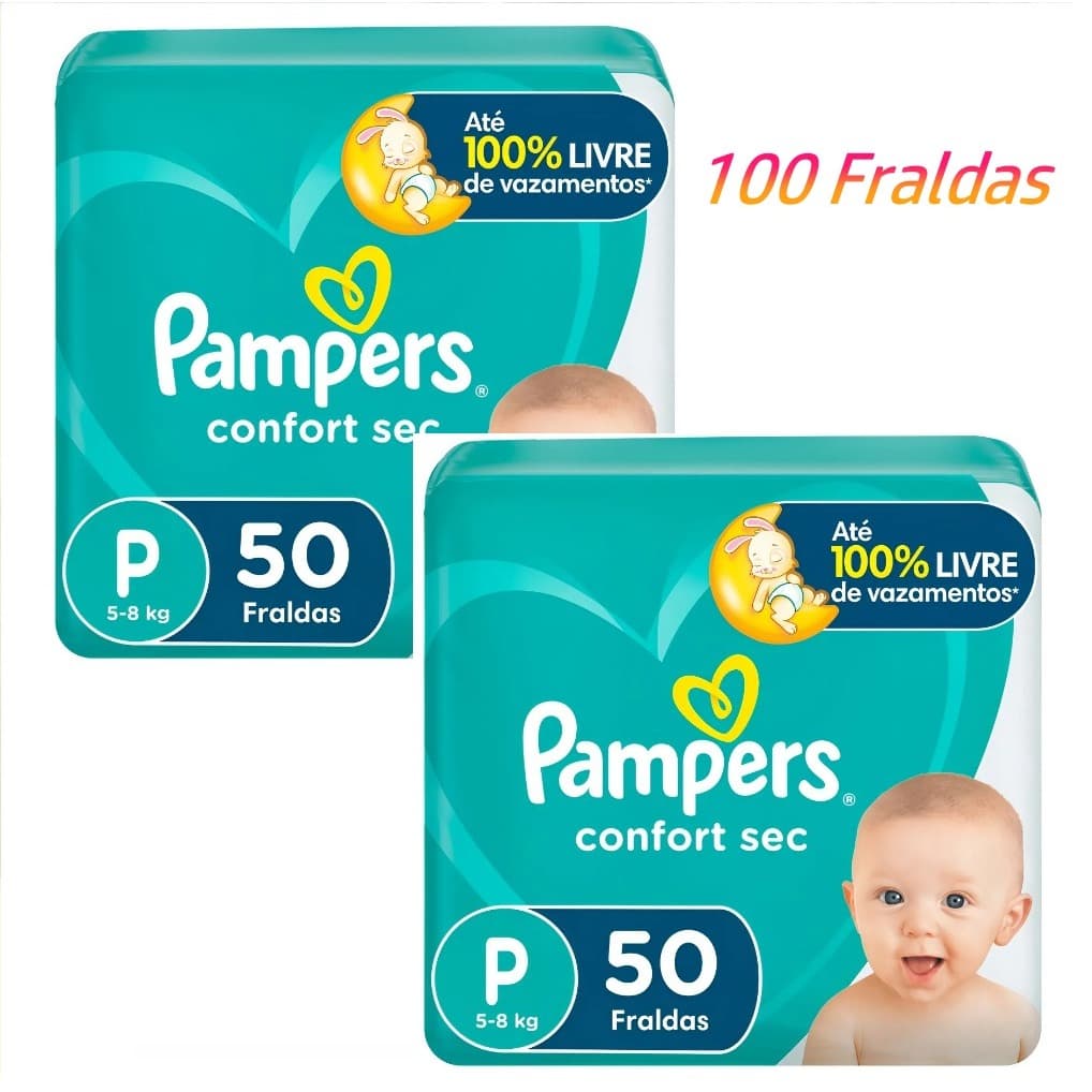 Fraldas Pampers P – 100 Unidades (2x50) – Novo/Lacrado