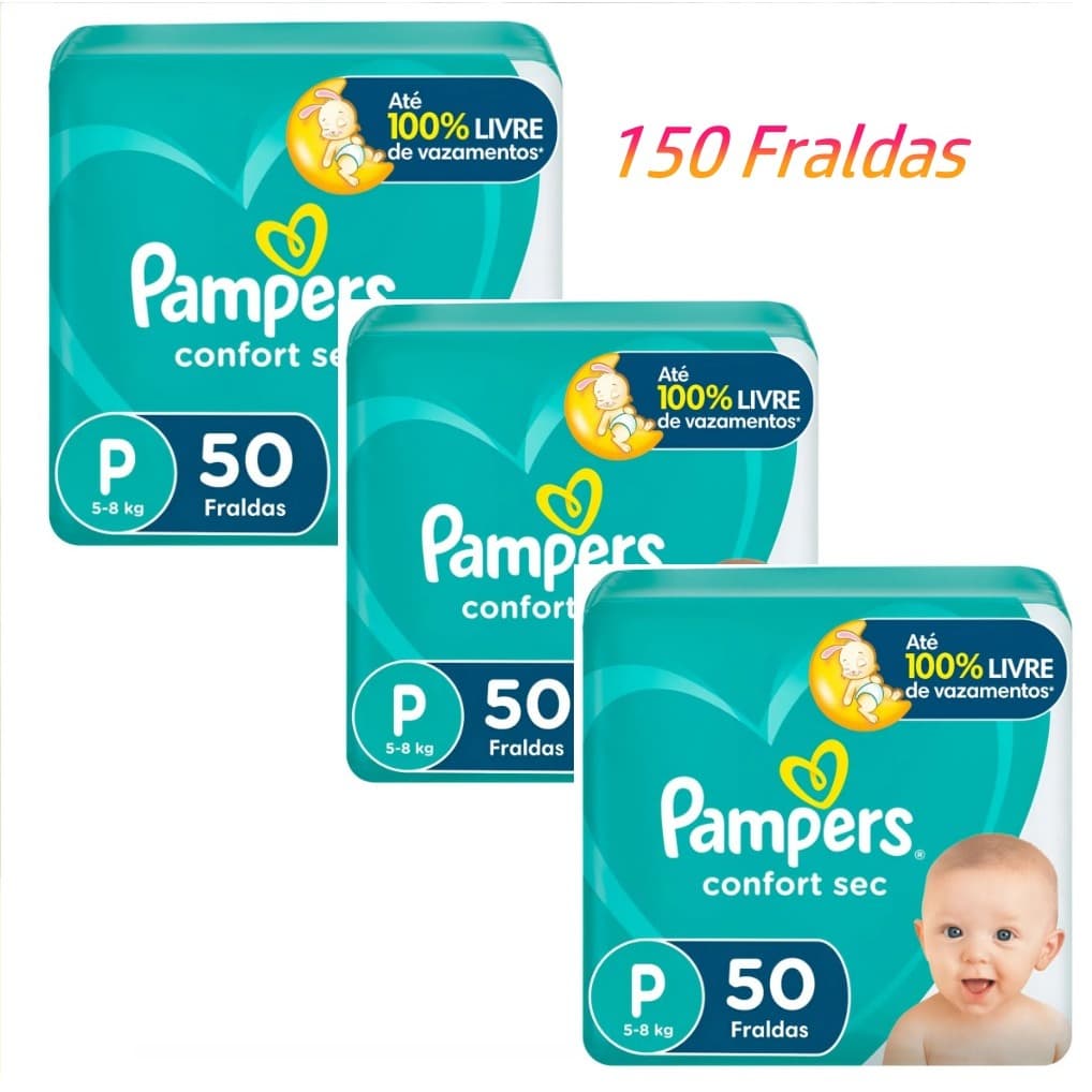 Fraldas descartáveis Pampers P – 150 Unidades (3x50) – Novo/Lacrado