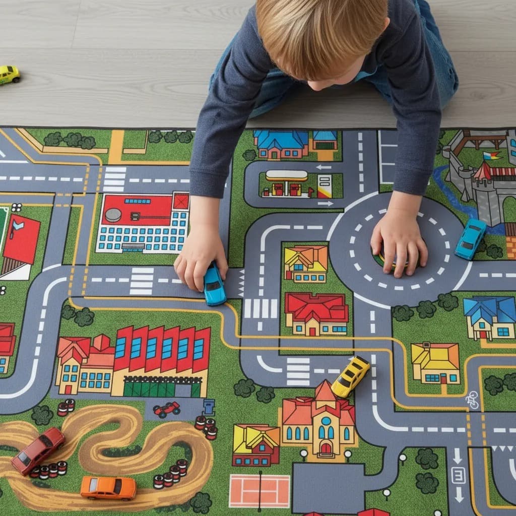 Tapete Atividades Infantil Pista Corrida Carrinho 200x100cm Grande Quarto Menino Carros Caminhao