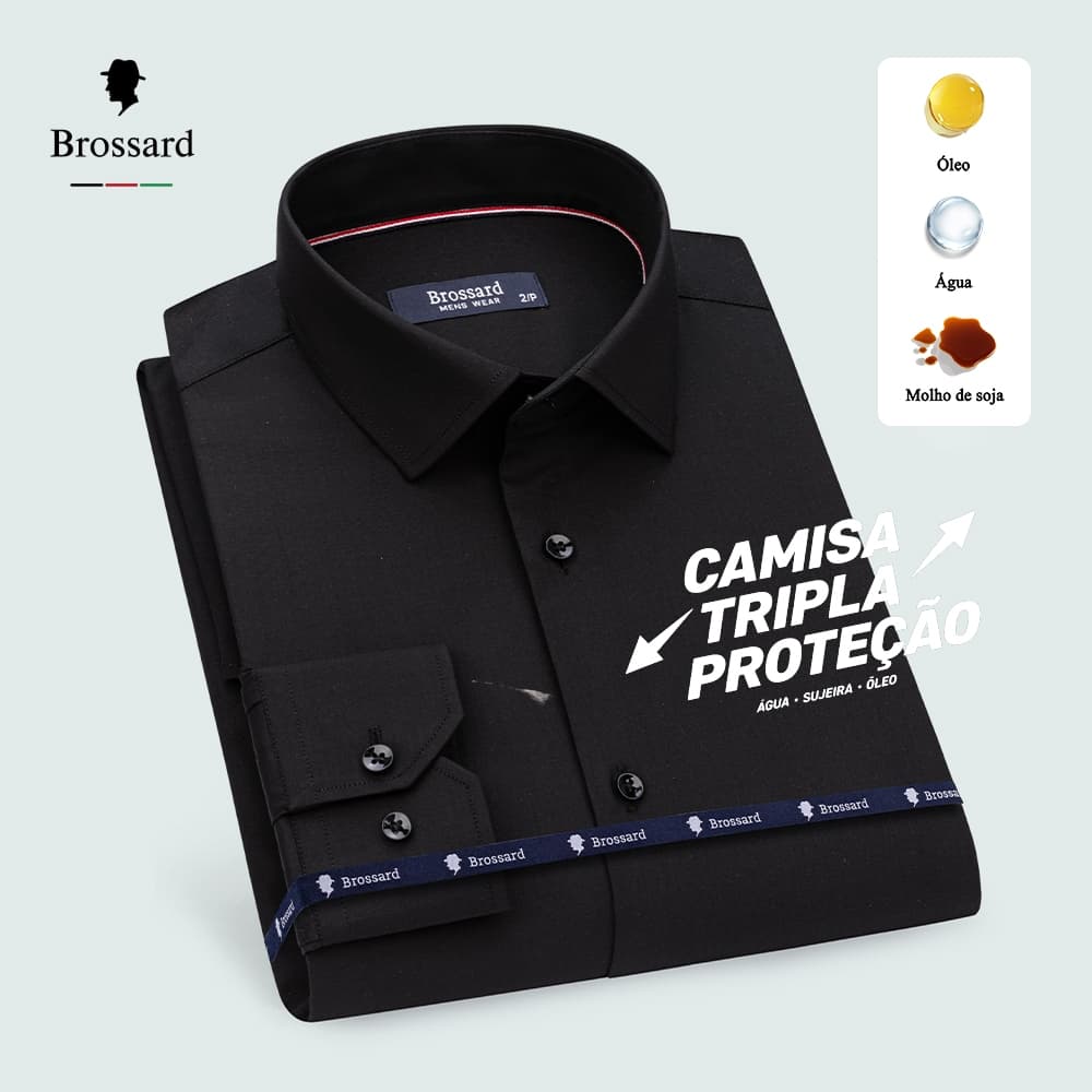Camisa Social Preta Masculina Slim fit Luxo Não Amassa e Respirável Tecido Elastano Impermeável
