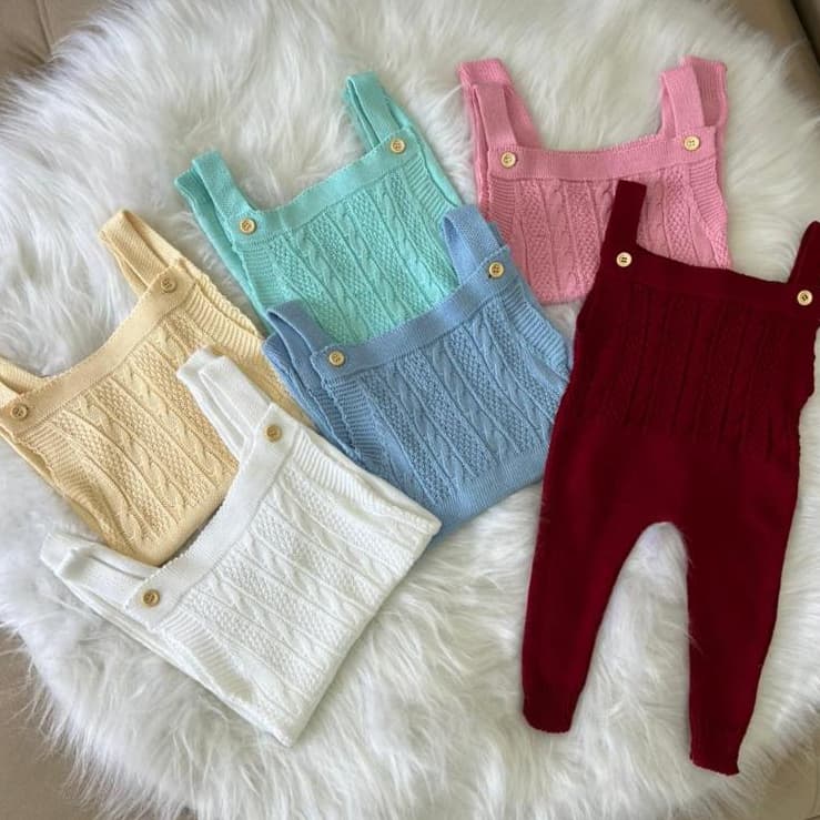 Jardineira Tricot Bebê Trança Recém Nascido  Menina e Menino Macacão Infantil