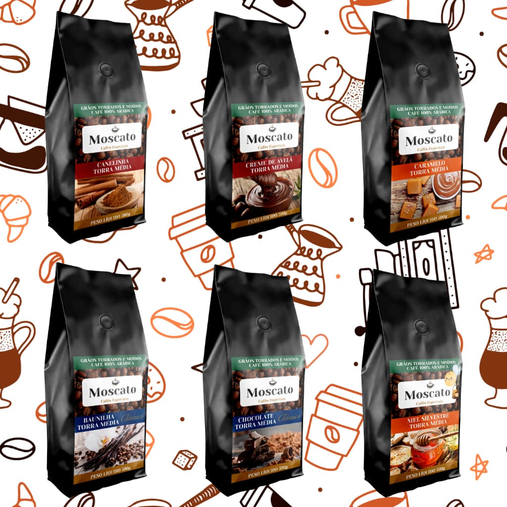 Kit Café Moscato em Grãos Aromatizados Torra Média | Chocolate, Avelã, Baunilha, Canela, Mel, Caramelo, Tradicional 250g