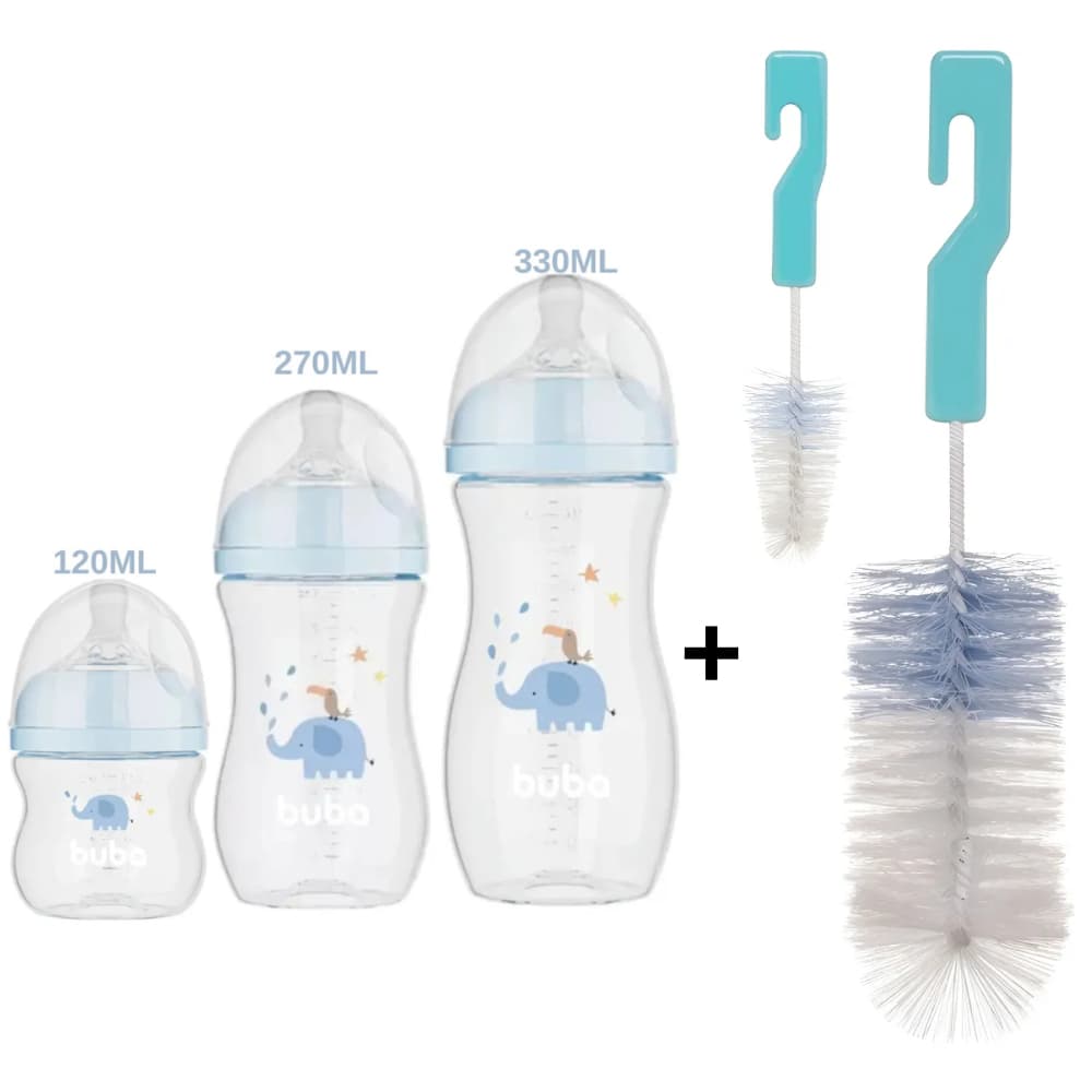 KIT C/  ESCOVA P MAMADEIRA E 3 MAMADEIRAS AZUL - BUBA