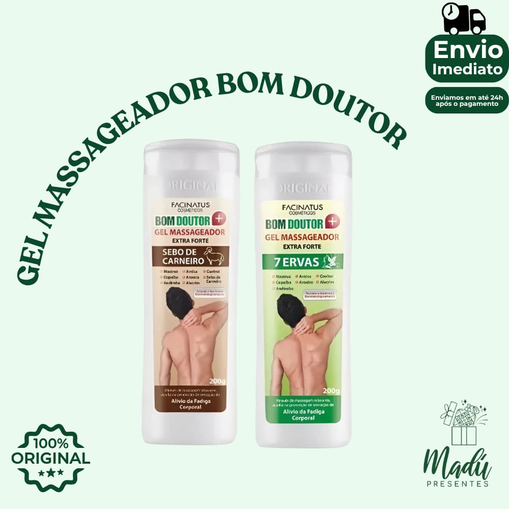 Gel Massageador Bom Doutor Facinatus Extra Forte 200g – Sebo de Carneiro ou 7 Ervas – Alívio da Fadiga Muscular