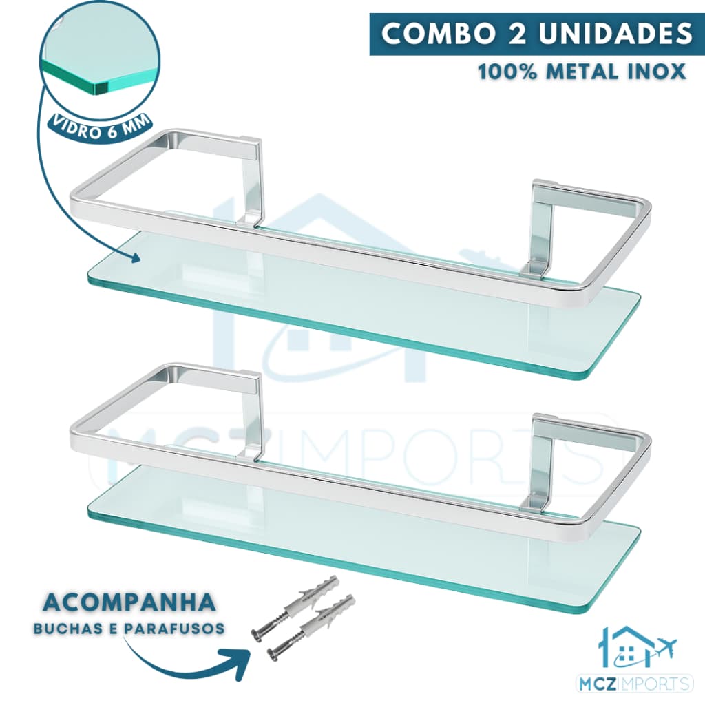 Kit 2 Prateleira Porta Shampoo Banheiro Vidro Reto Antiferrugem Luxo Suporte Parede Organizador