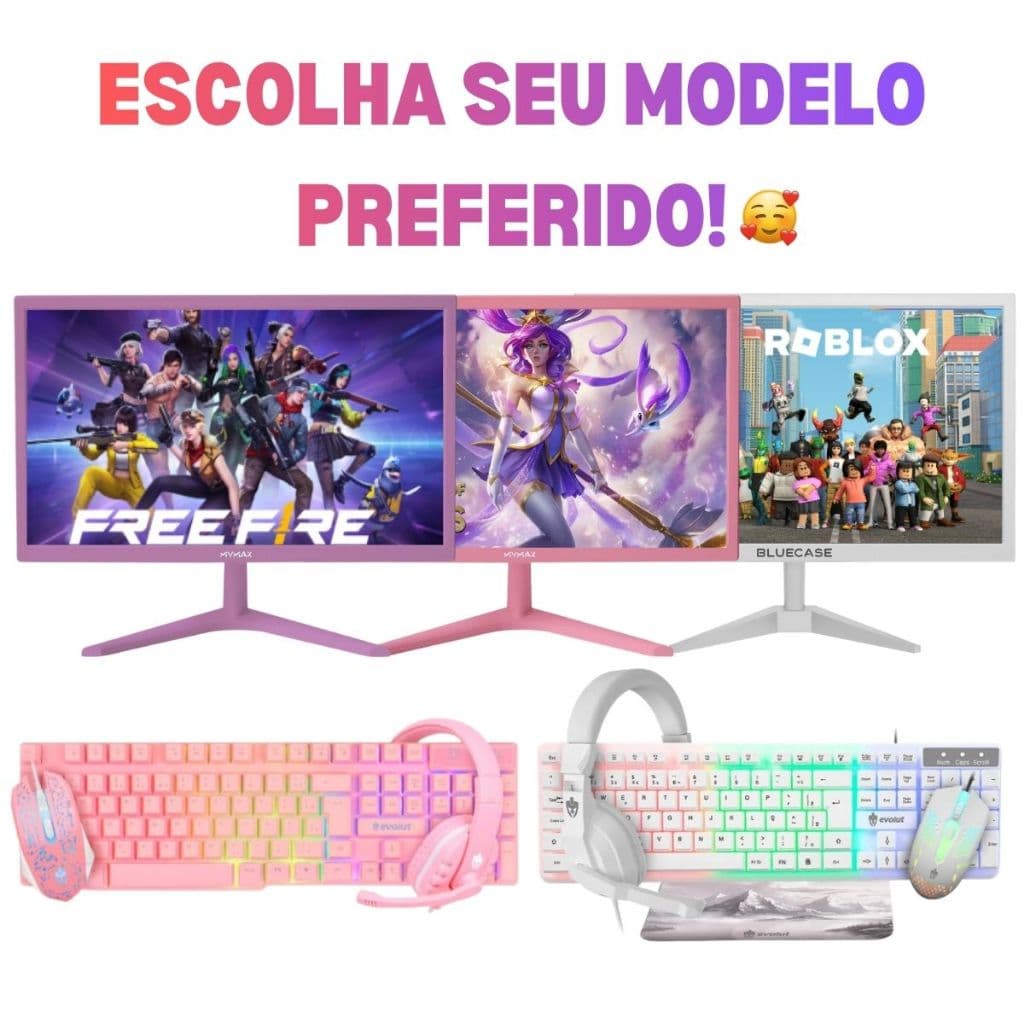 Combo Kit Gamer Monitor, Rosa ou Branco 19'' Hdmi E Vga + Teclado, Mouse, Mousepad e Headset