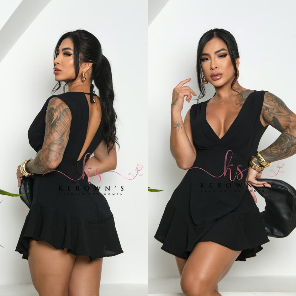 Vestido Curto Feminino Duna Forrado com Babado e Decote V – Vestido Elegante para Festa e Dia a Dia
