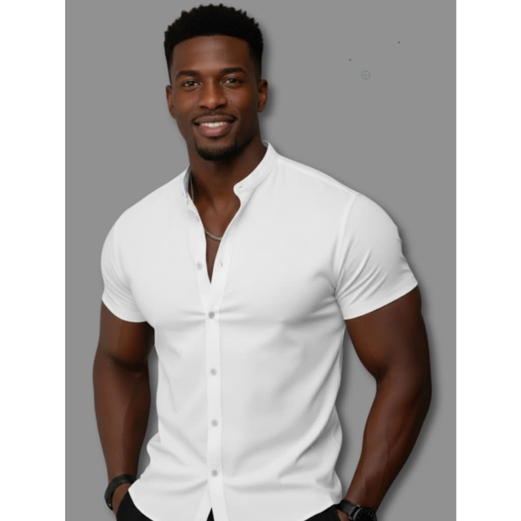 Camisa Social Masculina Gola Padre  Reveillon Slim Manga Curta Camisa Que Não Amassa