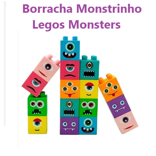 Kit Borracha Escolar Divertida Bloco De Montar Lego Monstro C/ 4 Un Monstrinho - Volta às Aulas