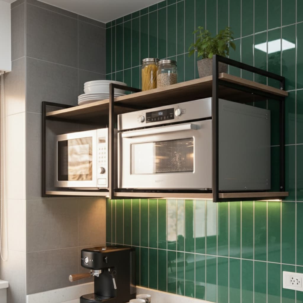 Prateleira Industrial Dupla para Micro-ondas 120X40cm Cozinha Parede Suporte de Metal Decorativa