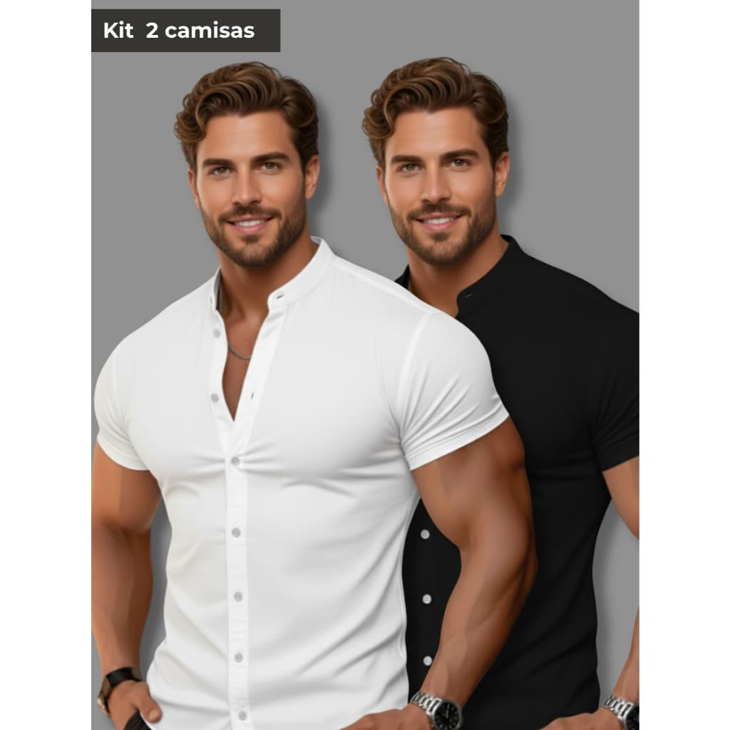 Kit Com 2 Camisa Social Masculina Slim Manga Curta Gola Padre  Escritório Camisa Que Não Amassa