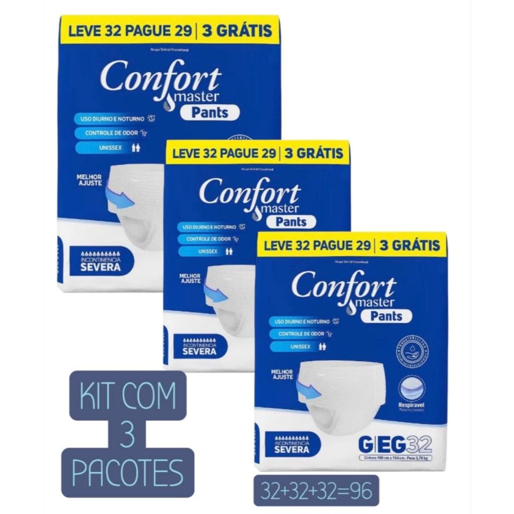 Fralda descartável geriátrica Kit c/3 Pacotes  Confort Master Pants incontinência severa 96 un total