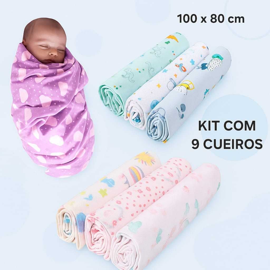 Kit 9 Peças Kit Com Cueiros Flanelados 100x80 Ideal Para Enxoval, Maciez e Proteção