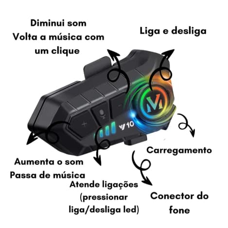 Fone Y10 para Capacete de Moto, Bluetooth 5.3, Microfone Redução de Ruído, Compatível