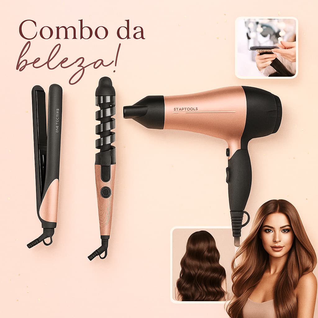 Kit Secador + Modelador + Chapinha 1200W Cabelos Cacheados Lisos Bivolt Portátil Viagem Profissional