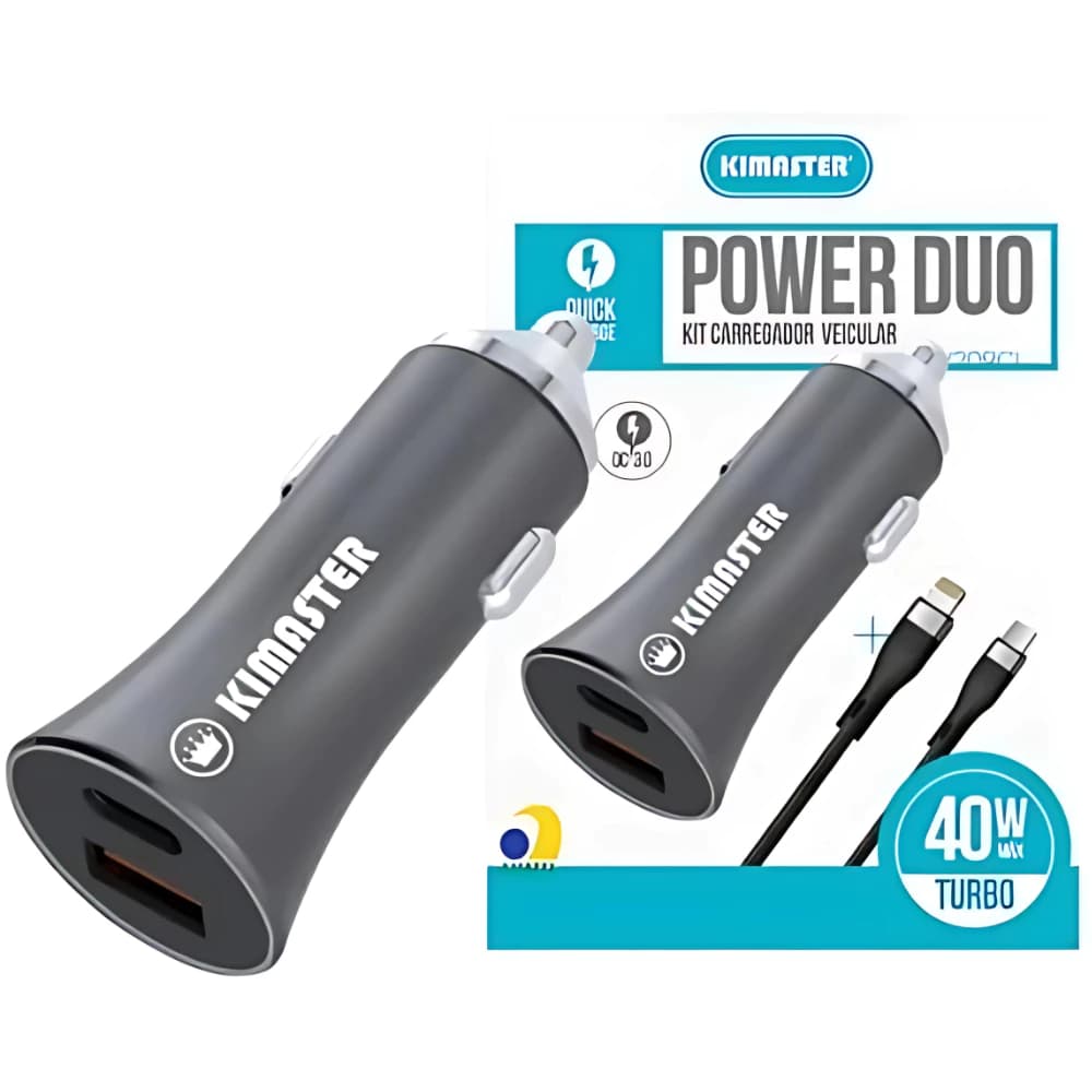 Carregador veicular SUPER RÁPIDO 40W KIMASTER ANATEL Cabo Lightning Iphone