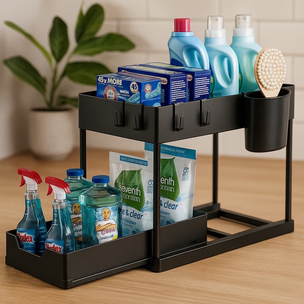 Organizador Pia Cozinha Banheiro 2 Níveis Gaveta Deslizante Prateleira Armário Metal Cesto 40cm