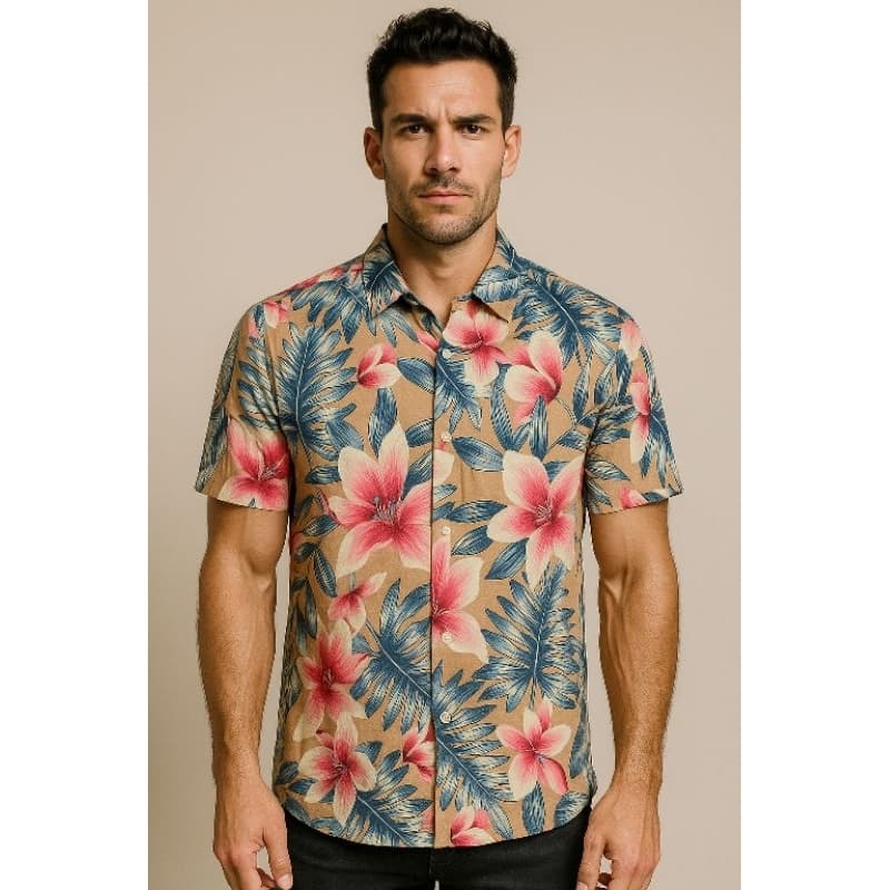 Camisa Masculina Social Slim Manga Curta Caqui Floral