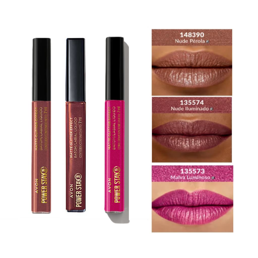 Avon Power Stay Batom Líquido Matte Glitter Effect (nude iluminado - nude pérola - malva luminoso)
