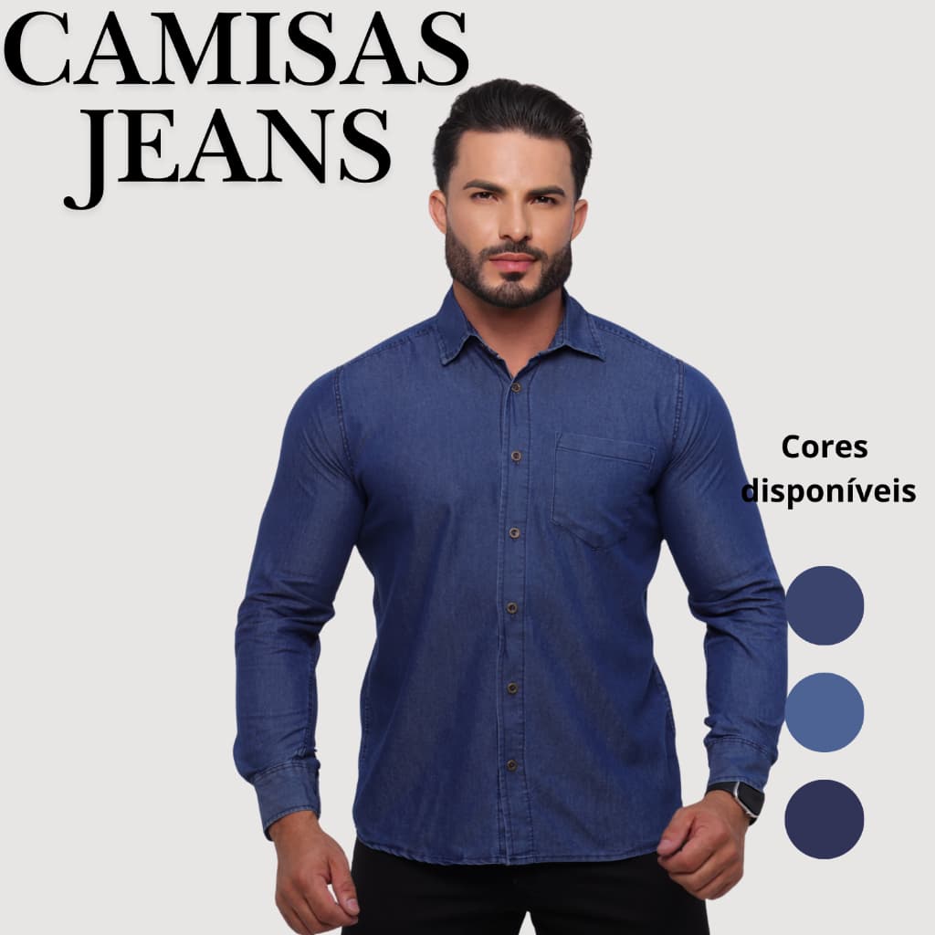 Camisa Social Masculina Jeans Manga Longa Algodão Slim Premium Bolso