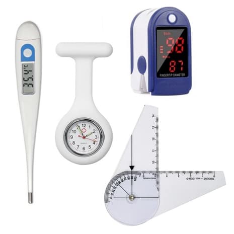 Kit Goniômetro Pequeno 14 cm + Termômetro + Oxímetro Dedo + Relógio Lapela | Enfermagem Fisioterapia