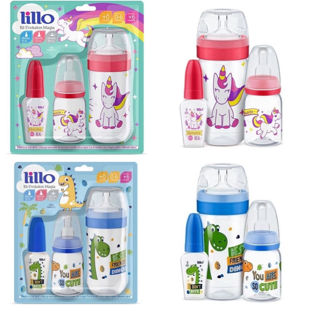 Kit 3 Mamadeiras Lillo Evolution Dinossauro, Unicórnio 50/120/300ml 0 A 18 Meses
