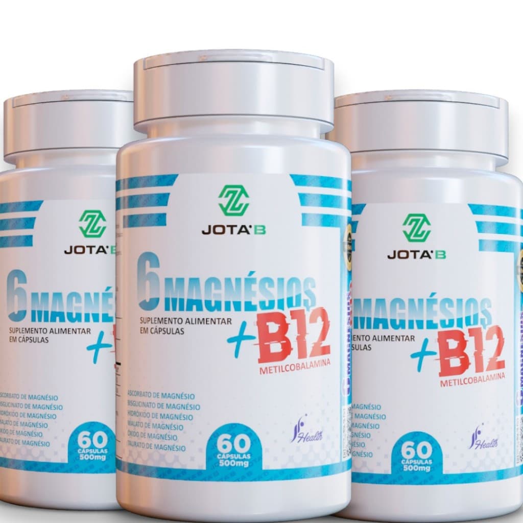 6 Magnésios + Metilcobalamina (Vitamina B12) 500mg Cápsulas | Suplemento Alimentar | Kit 1, 2 ou 3 Potes