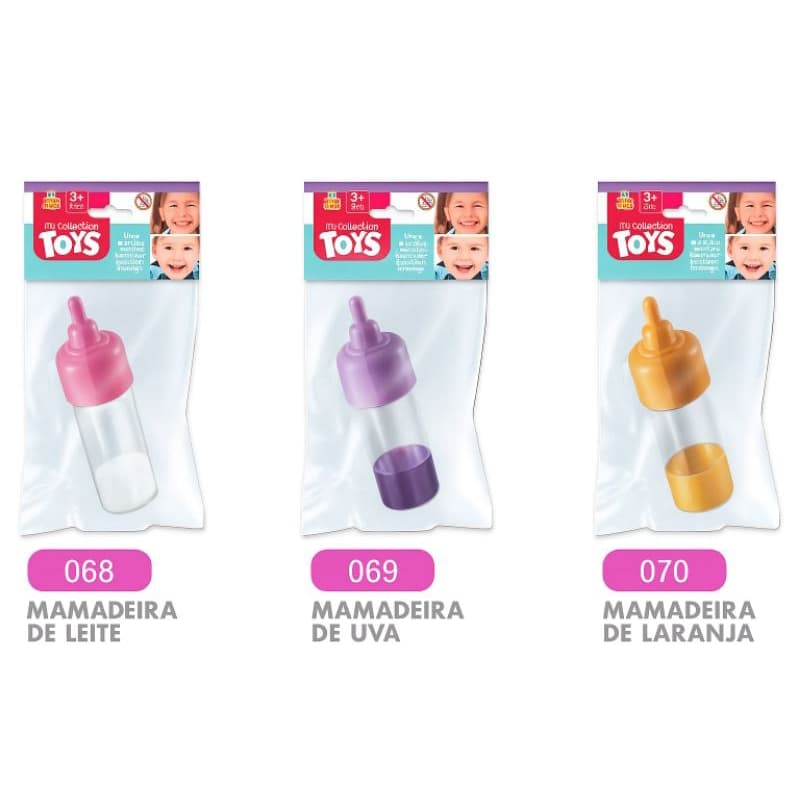 3 Mamadeiras Magica de Boneca - Leite , Suco de Uva e Suco de Laranja - Brinquedo Infantil Para Bonecas