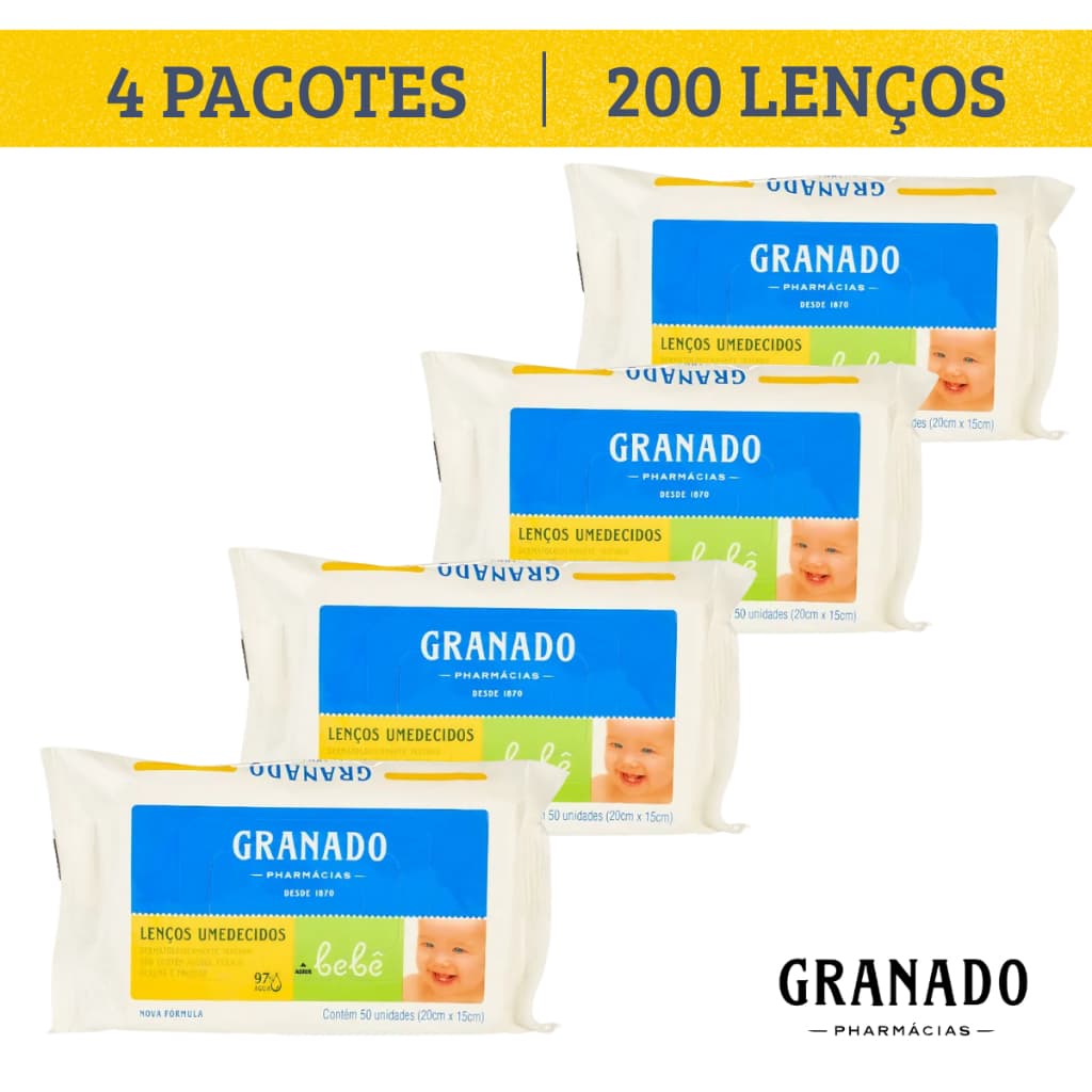 Kit 4 Pacotes Lenços Umedecidos Tradicional Granado Bebê Higiene 200 Lenços 20x15cm Hipoalergênico, para Pele sensível