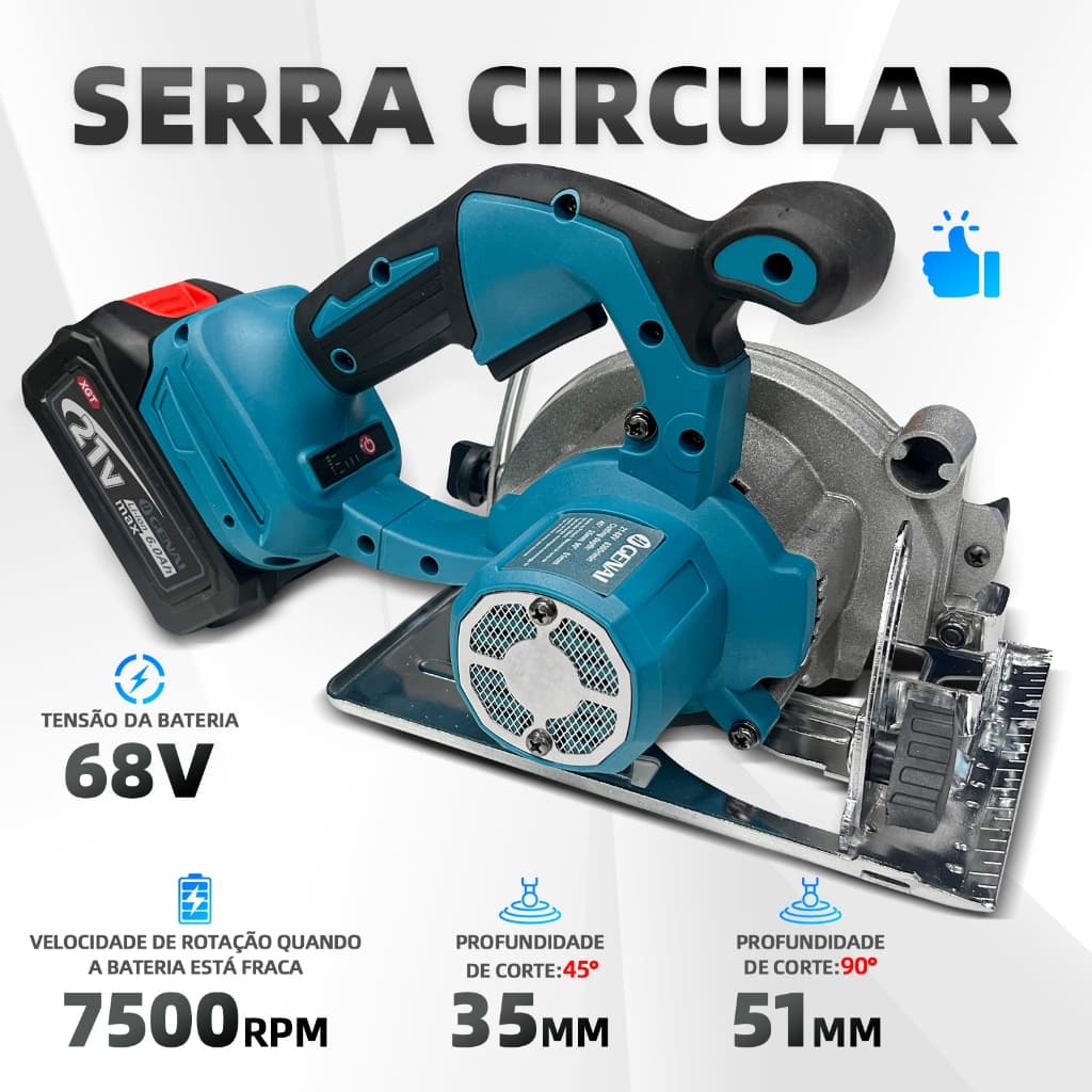 Serra Circular Sem Fio Recarregável E Portátil 2 Bateria 68V 125MM