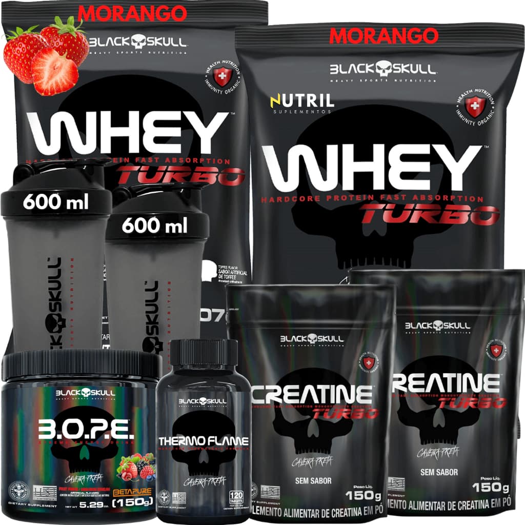 Kit 2x Whey Turbo + 2x Creatina 150g + Pré-Treino 150g + Termogênico 120 Tabletes + 2x Coqueteleira - Black Skull