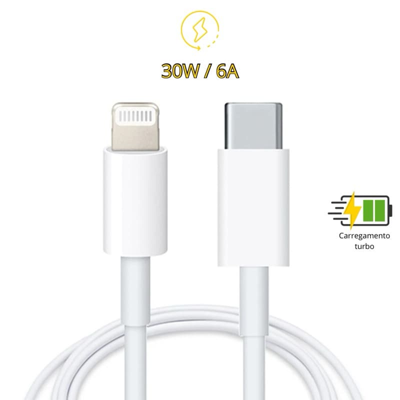 Cabo Carregador Turbo Tipo C 30w 6A Para iPhone 8 X Xr 11 12 13 14 Rapido e Reforçado Carregamento Super Rapido Duravel