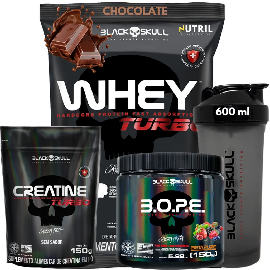 Whey Turbo 907g + Creatina Monohidratada Turbo 150g + Pré Treino 150g + Coqueteleira - Kit Suplemento Black Skull
