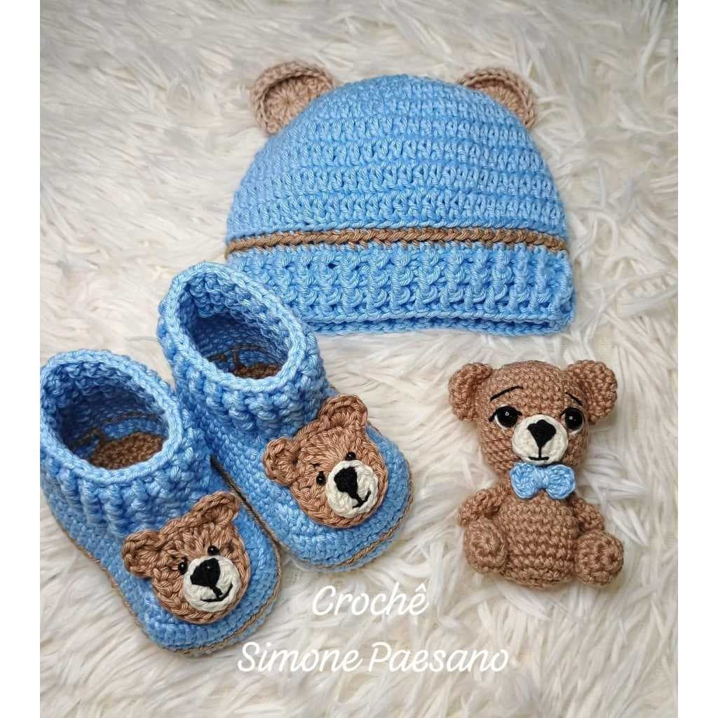 Kit Ursinho Amigurumi Crochê Bebê Naninha com Touca e Sapatinho Ensaio Fotográfico Newborn Presente Maternidade/